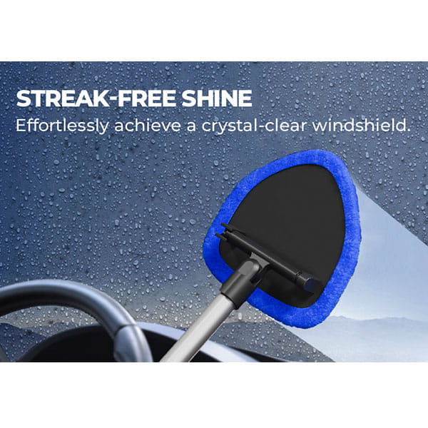 A Car Windshield Cleaner with a blue triangular microfiber pad wiping the interior glass, overlaid with the text STREAK-FREE SHINE for a streak-free window cleaning experience.