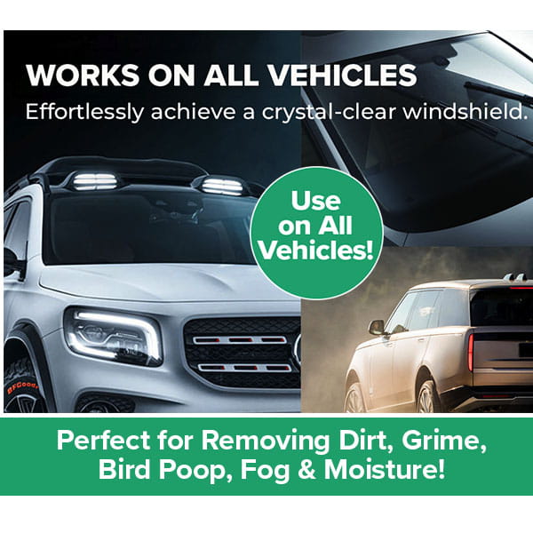 Collage of Car Windshield Cleaner showing text overlays reading Works on all vehicles, Use on all vehicles, and Perfect for removing dirt, grime, bird poop, fog & moisture for streak-free window cleaning.