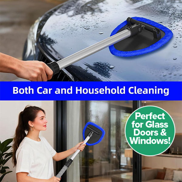 A person uses a telescoping blue microfiber Car Windshield Cleaner on a vehicle and a glass door to achieve streak-free window cleaning.
