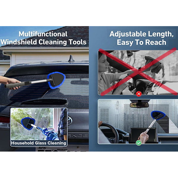 A Car Windshield Cleaner with a collapsible handle and triangular blue microfiber head cleans the interior and exterior of a window for a streak-free finish.