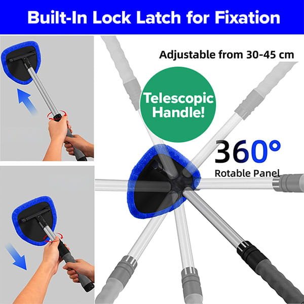 Car Windshield Cleaner with a telescoping, adjustable handle and a rotatable triangular blue microfiber head featuring multi-angle swivel motion for streak-free cleaning.