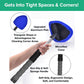 A hand holds a Car Windshield Cleaner with a telescopic aluminum pole, a triangular microfiber head for corners, and a sponge handle, with callouts highlighting these features.