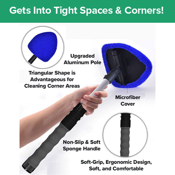 A hand holds a Car Windshield Cleaner with a telescopic aluminum pole, a triangular microfiber head for corners, and a sponge handle, with callouts highlighting these features.