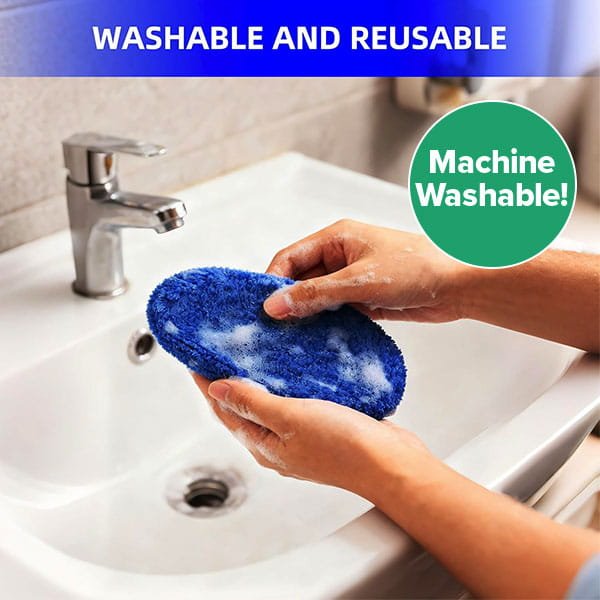 Hands washing a blue circular microfiber pad for a Car Windshield Cleaner in a bathroom sink, with text overlays reading WASHABLE AND REUSABLE and Machine Washable!.