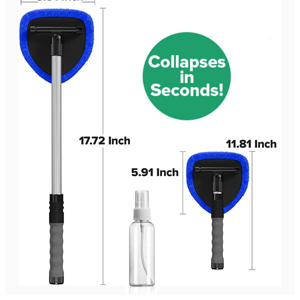 A Car Windshield Cleaner with a blue microfiber head is shown extended and collapsed next to a spray bottle, with text reading Collapses in Seconds! and labeled dimensions for streak-free window cleaning.