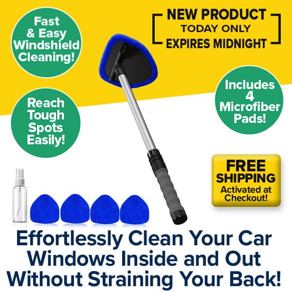 Extendable Car Windshield Cleaner with four blue microfiber pads and a spray bottle, shown with promotional text highlighting streak-free cleaning and free shipping.