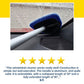 A blue microfiber Car Windshield Cleaner on an extendable handle wiping a rain-spotted car windshield for streak-free cleaning, displayed above a five-star review and a customer testimonial.