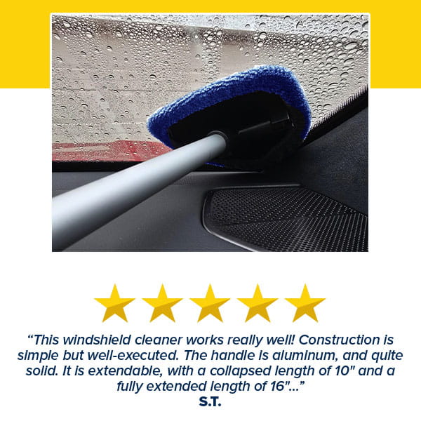 A blue microfiber Car Windshield Cleaner on an extendable handle wiping a rain-spotted car windshield for streak-free cleaning, displayed above a five-star review and a customer testimonial.