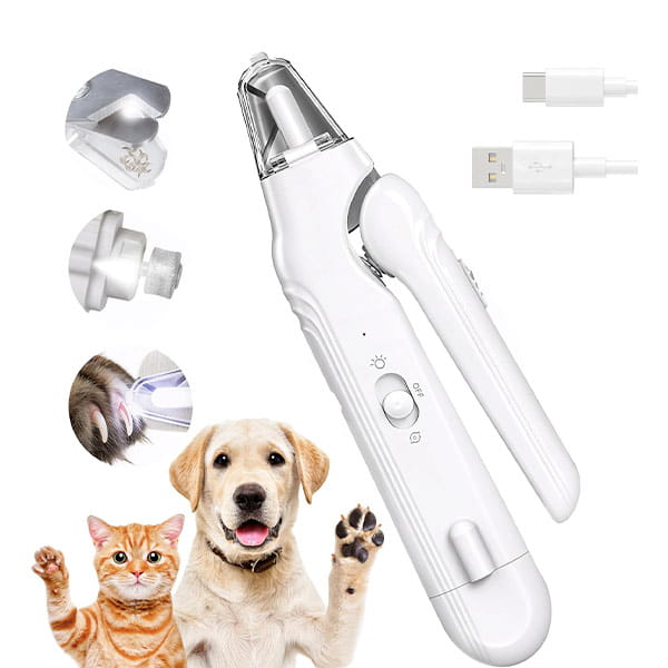 White Dog Nail Clippers & Grinder with LED Light featuring interchangeable heads, a USB charging cable, and shown being used on a dog and cat.