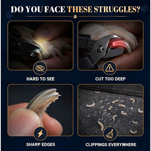 A four-panel graphic showing common issues with standard nail clippers—poor visibility, cutting too deep, sharp edges, and scattered clippings—which the Dog Nail Clippers & Grinder with LED Light is designed to solve.