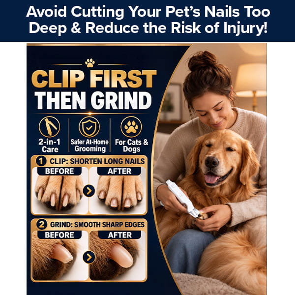 A person uses a Dog Nail Clippers & Grinder with LED Light to trim and smooth a golden retriever’s paw, with infographic text explaining the two-step process.