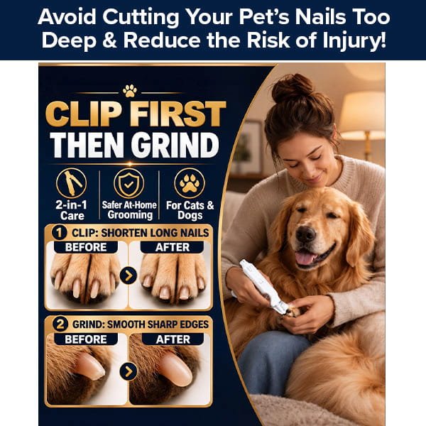 A person uses a Dog Nail Clippers & Grinder with LED Light to trim and smooth a golden retriever’s paw, with infographic text explaining the two-step process.