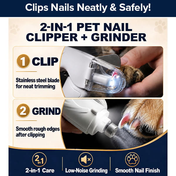 A Dog Nail Clippers & Grinder with LED Light trimming a dog’s claw and smoothing the edge.