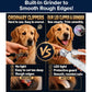 Infographic comparing a dog’s nail trimmed by standard clippers versus the Dog Nail Clippers & Grinder with LED Light, highlighting the cleaner results and added safety features of the LED tool.