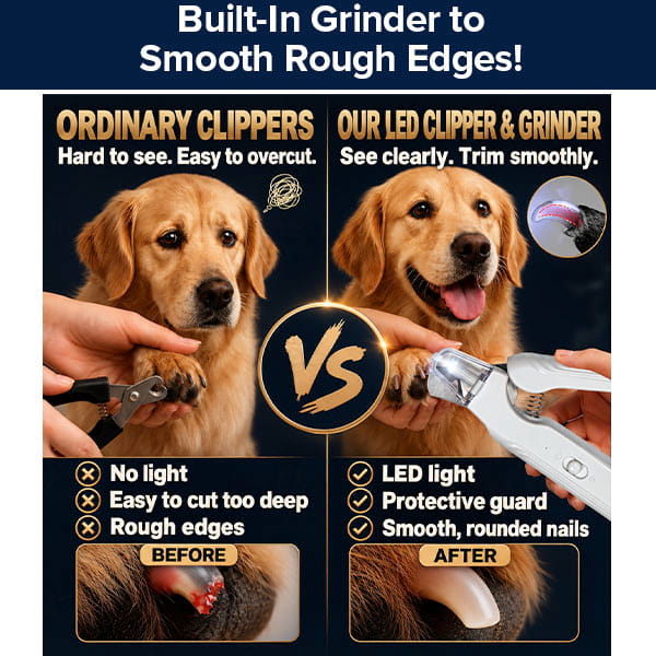 Infographic comparing a dog’s nail trimmed by standard clippers versus the Dog Nail Clippers & Grinder with LED Light, highlighting the cleaner results and added safety features of the LED tool.