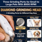 A hand uses an illuminated Dog Nail Clippers & Grinder with LED Light on a dog’s claw, with text highlighting the diamond-coated head and three grinding ports tailored to the size of the dog.