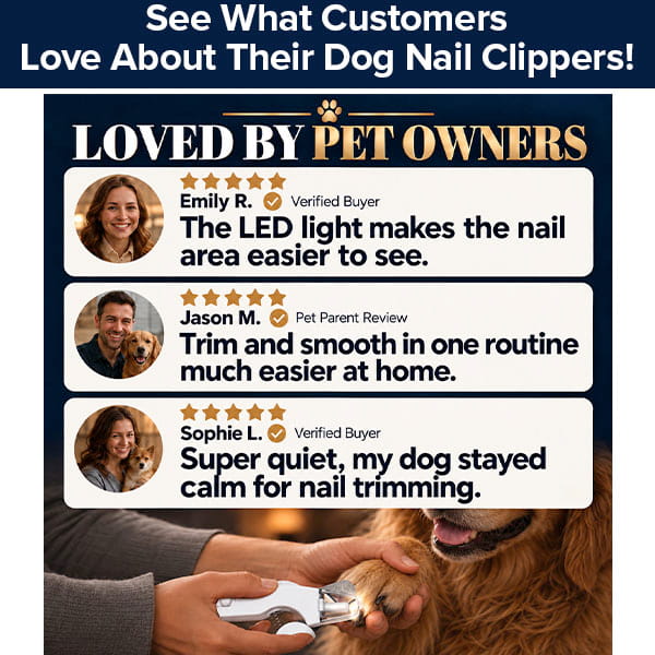 A person uses a Dog Nail Clippers & Grinder with LED Light on a pet’s paw, accompanied by three five-star reviews highlighting the tool’s ease of use and quiet operation.