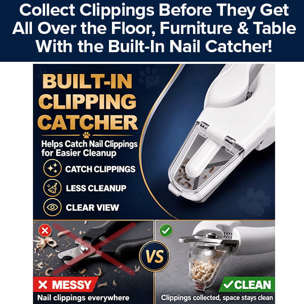 A side-by-side comparison of a messy workspace versus a clean one using Dog Nail Clippers & Grinder with LED Light, which features an integrated compartment to catch clippings.