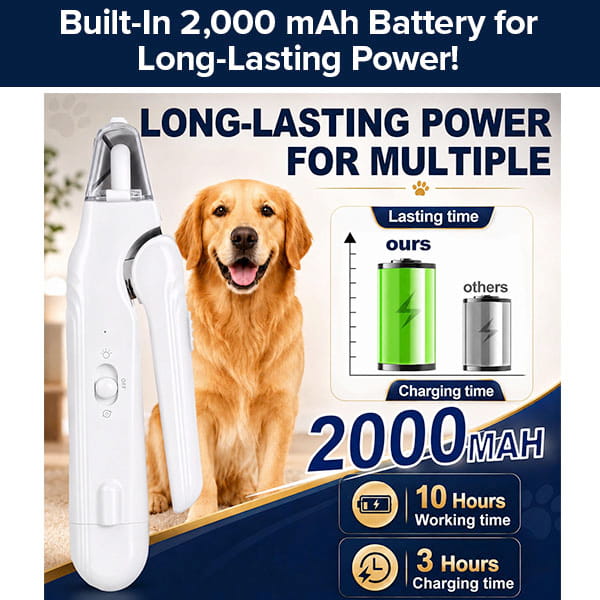 White Dog Nail Clippers & Grinder with LED Light shown next to a golden retriever, with infographic text comparing its 2000 mAh battery life to other devices.