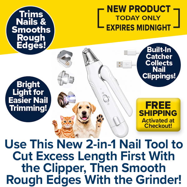 Dog Nail Clippers & Grinder with LED Light shown with a cat, a dog, detachable heads, a charging cable, and promotional text about trimming, smoothing, and free shipping.