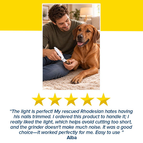 A man uses a Dog Nail Clippers & Grinder with LED Light to trim a dog’s nails, paired with a five-star review highlighting its quiet operation and helpful light.