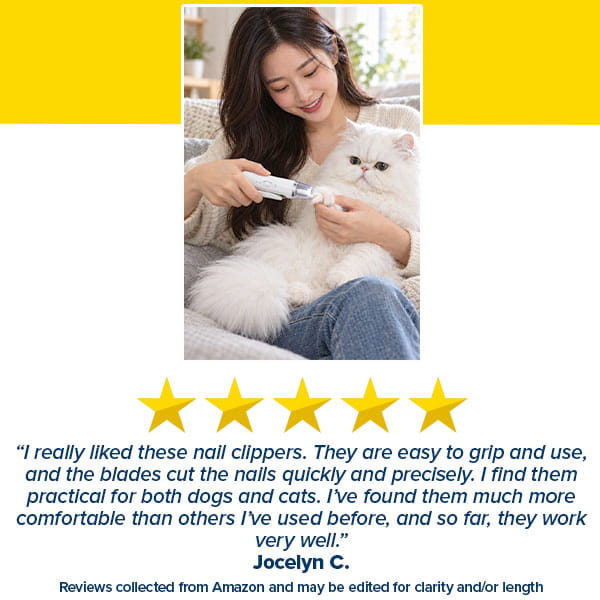 A person uses a Dog Nail Clippers & Grinder with LED Light on a white cat, followed by a five-star rating and a customer review.