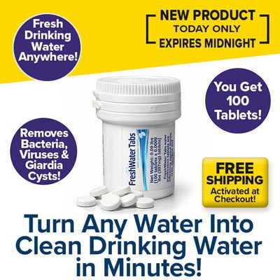 A bottle of FreshWater Tabs surrounded by tablets. Text highlights: emergency water treatment, eliminates bacteria/viruses, 100 tablets per pack, fresh water in minutes, and free shipping.
