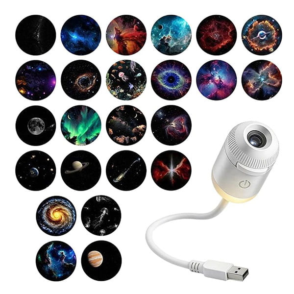 A Galaxy Projector Night Light with a USB cord is displayed beneath 21 circular slides, each featuring vibrant images of galaxies, nebulae, and planets in outer space.