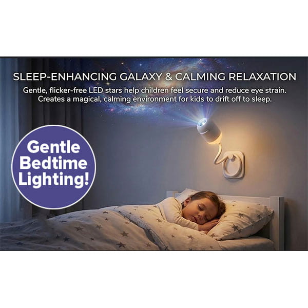 A child drifts off to sleep in bed beneath star-patterned sheets, while the Galaxy Projector Night Light casts soothing stars onto the walls. The text highlights its calming bedtime illumination and features designed to enhance restful sleep.