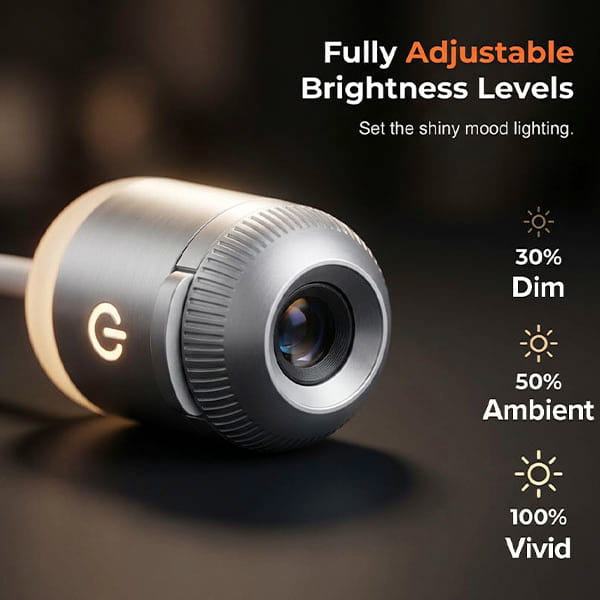 Close-up of a camera lens with text: Fully Adjustable Brightness Levels—30% Dim, 50% Ambient, 100% Vivid. Small sun icons illustrate each setting, allowing you to customize your Galaxy Projector Night Light experience.