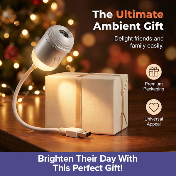 A USB-powered lamp illuminates a wrapped gift box, with festive lights in the background. Text highlights this Galaxy Projector Night Light as the ultimate ambient gift, featuring premium packaging and universal appeal.
