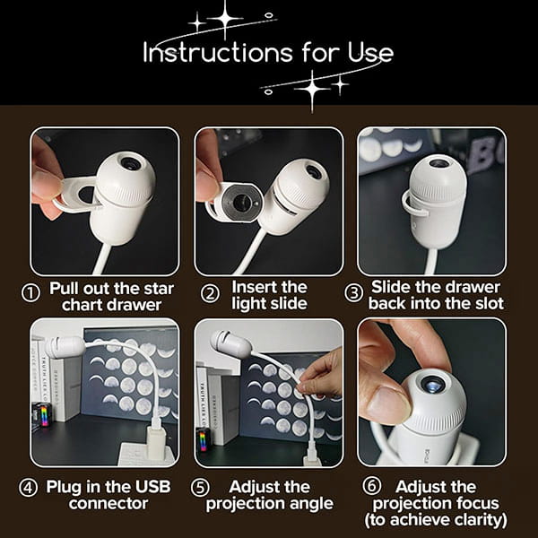 Six-step instructions guide you through assembling and using the Galaxy Projector Night Light: pull out the drawer, insert a slide, close the drawer, plug in the USB, adjust the angle, and focus for clarity.
