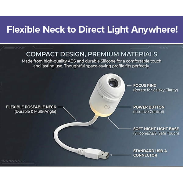 A Galaxy Projector Night Light with a flexible neck, focus ring, and convenient power button is shown. Text highlights features like adjustable projection angle, gentle galaxy-shaped night light, and high-quality materials—ideal for creating a tranquil starry atmosphere just like a Star Night Light. Banner reads: Flexible Neck to Direct Starry Light Anywhere!.