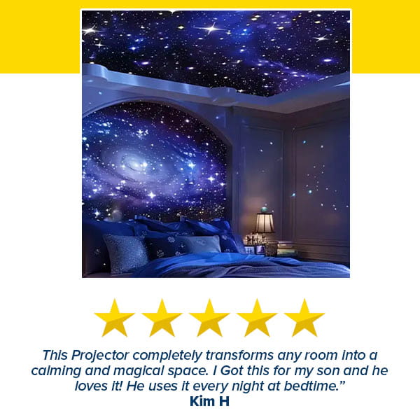 A bedroom featuring a galaxy-themed Galaxy Projector Night Light, blue bedding, and a glowing starry sky effect. Five stars and a positive customer review are displayed below the image.
