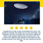 A person gazes at a projection of a large moon and stars on the ceiling, immersed in a sky-like effect created by the Galaxy Projector Night Light. Five gold stars and a positive customer review are displayed below the image.