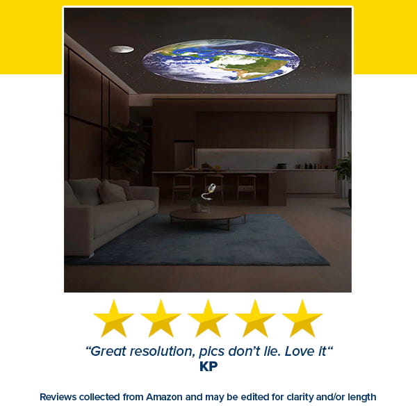 A living room with a ceiling projector displaying an image of Earth, complete with clouds and continents, creates an awe-inspiring atmosphere similar to that of the Galaxy Projector Night Light. Five stars and a positive customer review are shown below the photo.