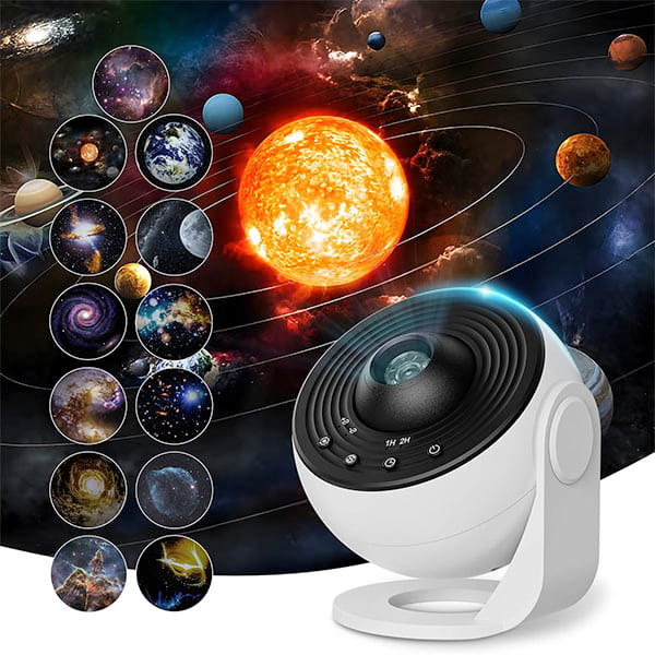 The Galaxy Projector for Bedroom sits before an illustration, projecting planets, galaxies, and nebulae in circular frames—ideal for filling your room with the beauty of space.