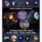 The Galaxy Projector for Bedroom displays a collage of circular starry sky images—planets, galaxies, nebulae—with enhanced brightness, a large projection area, and 13 replaceable film discs: 12 slides plus a built-in glass slide.
