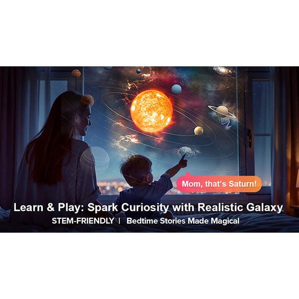 A child and adult admire a glowing Galaxy Projector for Bedroom on a window at night. Text: “Mom, that’s Saturn!” Spark curiosity with realistic galaxies. STEM-friendly | Make bedtime stories magical.