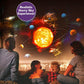 Two adults and two children sit on a couch, captivated by the Galaxy Projector for Bedroom as it displays vivid planets and the sun on the wall. A purple badge proclaims: Realistic Starry Sky Experience!.
