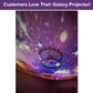 Colorful lights from the Galaxy Projector for Bedroom create a starry, nebula effect on the ceiling around a chandelier. A purple banner at the top reads, “Customers Love Their Galaxy Projector for Bedroom!”.