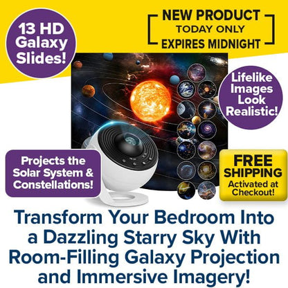 Experience space wonders with the Galaxy Projector for Bedroom—project vibrant solar system and constellation images with 13 HD slides. Enjoy lifelike visuals, free shipping, and a limited-time offer expiring at midnight!.