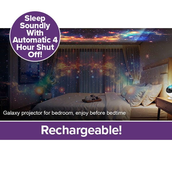 Transform your room with the Galaxy Projector for Bedroom, casting colorful stars and nebulae on walls and ceiling. Sleep soundly—features automatic 4-hour shut off and is rechargeable! Perfect constellation projector for bedtime relaxation.