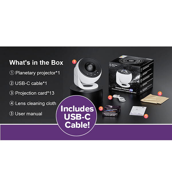 A photo shows what's inside the Galaxy Projector for Bedroom box: planetary projector, USB-C cable, 13 projection cards, lens cleaning cloth, user manual, and packaging. Text highlights the included USB-C cable.