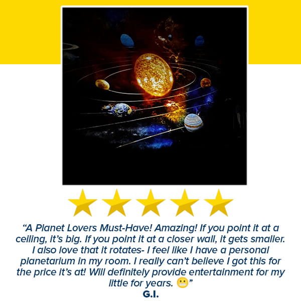 Illustration of the solar system, with bright planets and the sun, above a five-star review praising the Galaxy Projector for Bedroom for its stunning effects and entertainment value.