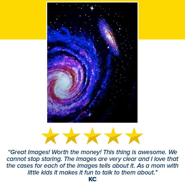 A vibrant illustration of two galaxies in a starry sky shines above a five-star rating and a glowing review, praising the Galaxy Projector for Bedroom for its stunning images and educational value for kids.