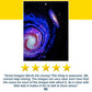 A vibrant illustration of two galaxies in a starry sky shines above a five-star rating and a glowing review, praising the Galaxy Projector for Bedroom for its stunning images and educational value for kids.