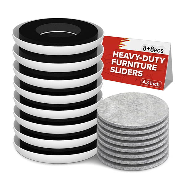 A stack of round black and white Heavy Duty Furniture Sliders and gray felt pads—4.3 inch, 8+8 pcs—are shown beside a product label; perfect for protecting floors or moving furniture on carpet.