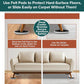 Instructional graphic shows a couch with brown legs on Heavy Duty Furniture Sliders: felt pad and slider on hard floor (left), carpet slider alone on carpet (right). Text highlights secure movement and surface protection for any floor type.