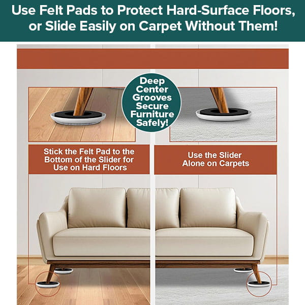 Instructional graphic shows a couch with brown legs on Heavy Duty Furniture Sliders: felt pad and slider on hard floor (left), carpet slider alone on carpet (right). Text highlights secure movement and surface protection for any floor type.